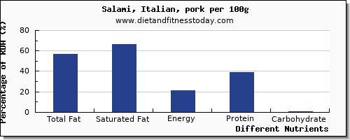 chart to show highest total fat in fat in salami per 100g